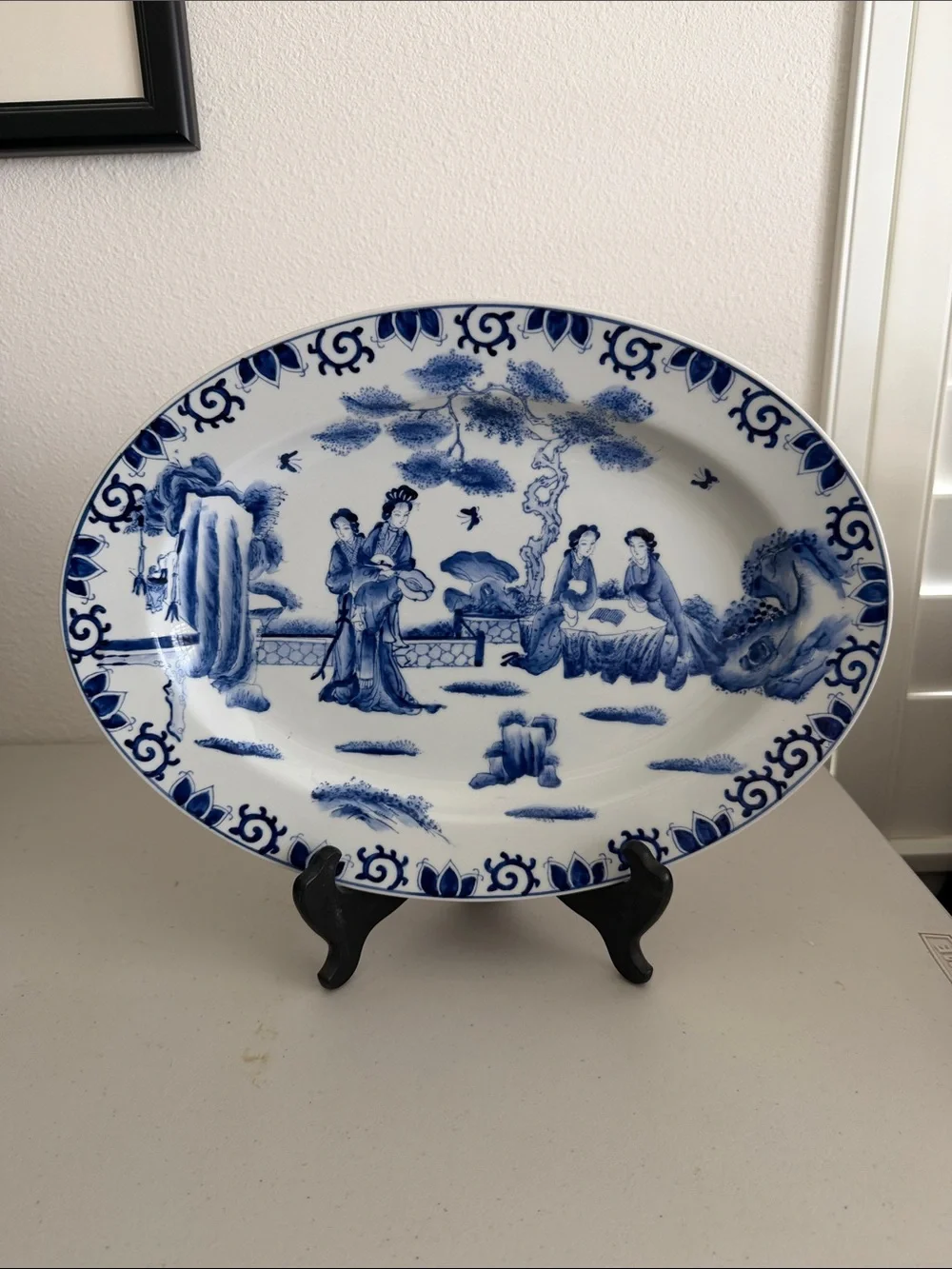 Blue and White Hand-Painted Oval Serving Tray Platter Court Ladies in Garden 14”